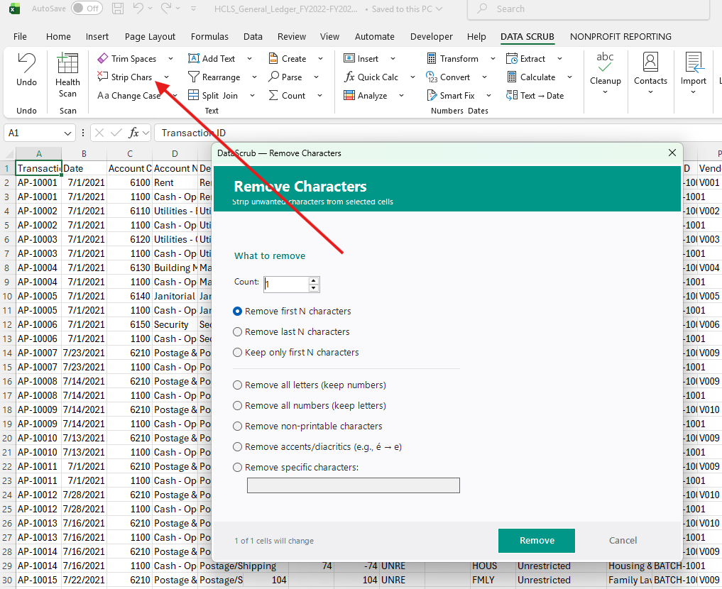 Remove Characters dialog showing 8 character removal options with count field and preview